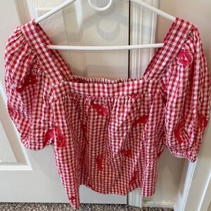 Vineyard Vines Red Checkered Puff Sleeve Blouse